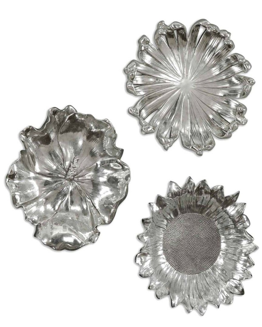 Mirrors & Wall Art * | Set Of 3 Uttermost Silver Flowers Wall Art Home Mirrors & Wall Art