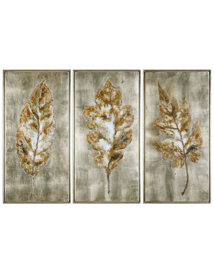 Mirrors & Wall Art * | Set Of 3 Uttermost Champagne Leaves Modern Art Home Mirrors & Wall Art