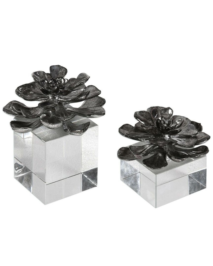 Decorative Items & Frames * | Set Of 2 Uttermost Indian Lotus Metallic Silver Flowers Home Decorative Items & Frames