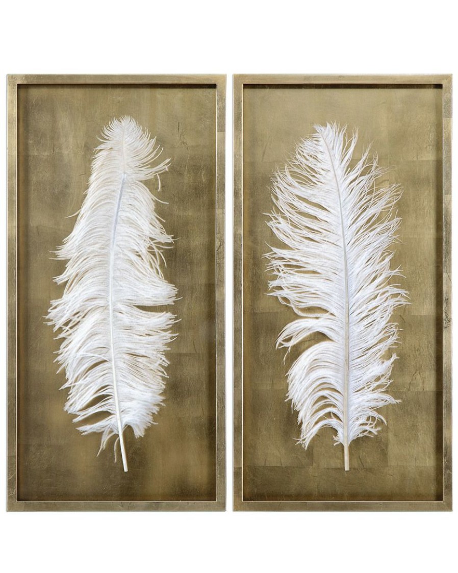 Mirrors & Wall Art * | Set Of 2 Uttermost White Feathers Gold Shadow Box Home Mirrors & Wall Art