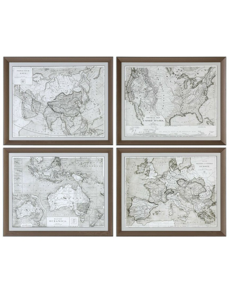 Mirrors & Wall Art * | Set Of 4 Uttermost World Maps Framed Prints Home Mirrors & Wall Art