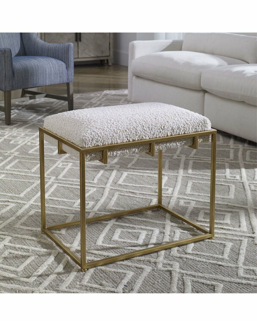 Accent Chairs * | Uttermost Paradox Small Gold & White Shearling Bench Home Accent Chairs